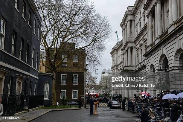 David Cameron speaks to the press after a cabinet meeting at Downing Street on February 20, 2016 in London, England. Cameron has returned to London...