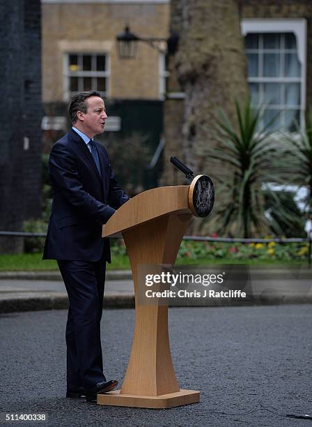 David Cameron speaks to the press following a cabinet meeting at Downing Street on February 20, 2016 in London, England. Cameron has returned to...