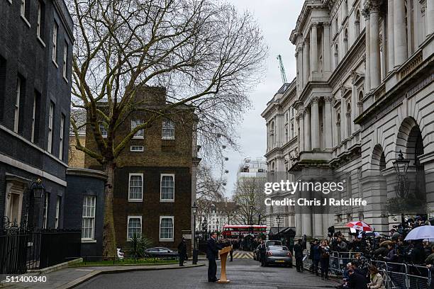 David Cameron speaks to the press after a cabinet meeting at Downing Street on February 20, 2016 in London, England. Cameron has returned to London...