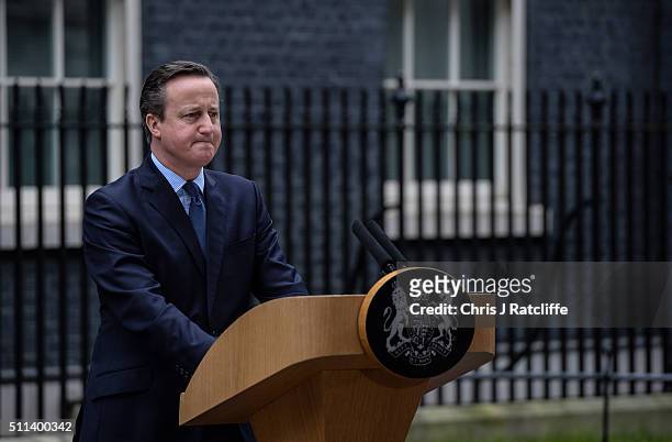 David Cameron speaks to the press following a cabinet meeting at Downing Street on February 20, 2016 in London, England. Cameron has returned to...