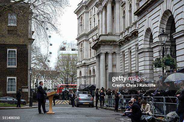 David Cameron speaks to the press following a cabinet meeting at Downing Street on February 20, 2016 in London, England. Cameron has returned to...