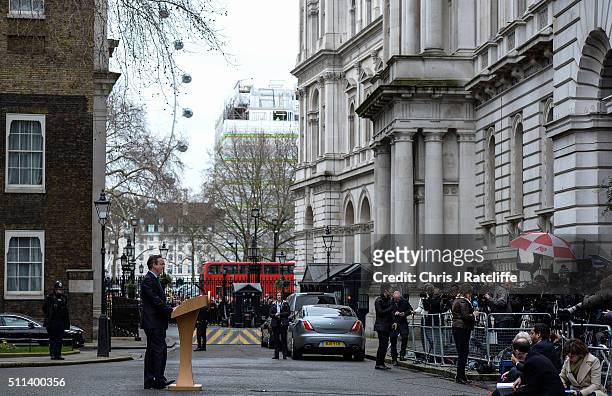 David Cameron speaks to the press following a cabinet meeting at Downing Street on February 20, 2016 in London, England. Cameron has returned to...
