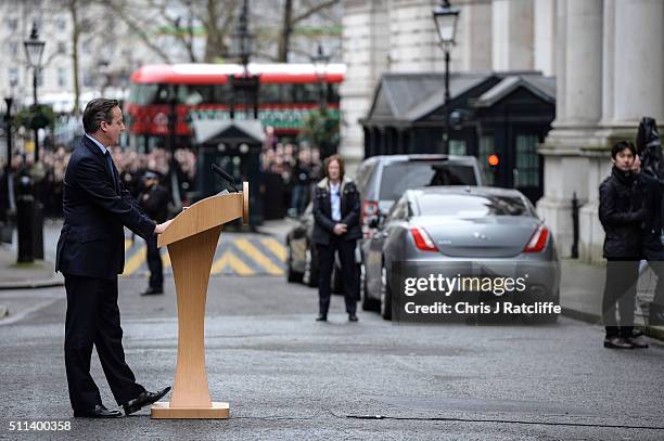 David Cameron speaks to the press following a cabinet meeting at Downing Street on February 20, 2016 in London, England. Cameron has returned to...