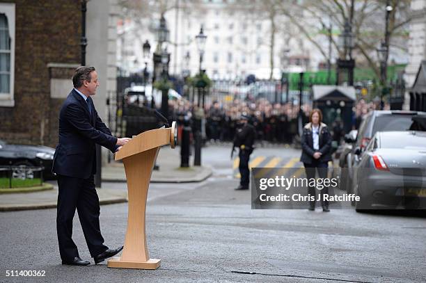 David Cameron speaks to the press following a cabinet meeting at Downing Street on February 20, 2016 in London, England. Cameron has returned to...