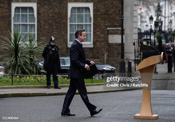 David Cameron speaks to the press following a cabinet meeting at Downing Street on February 20, 2016 in London, England. Cameron has returned to...