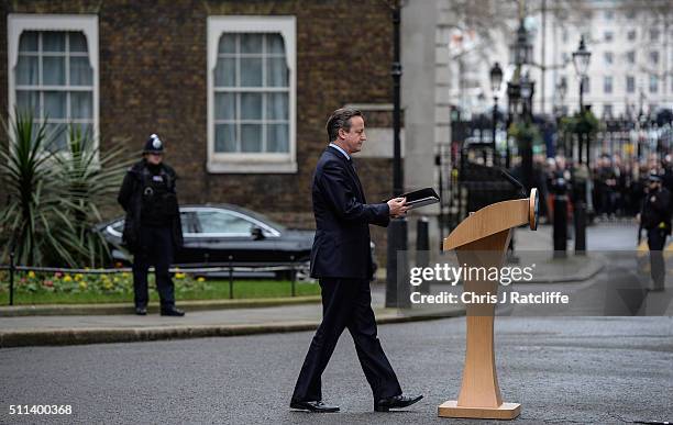 David Cameron speaks to the press following a cabinet meeting at Downing Street on February 20, 2016 in London, England. Cameron has returned to...