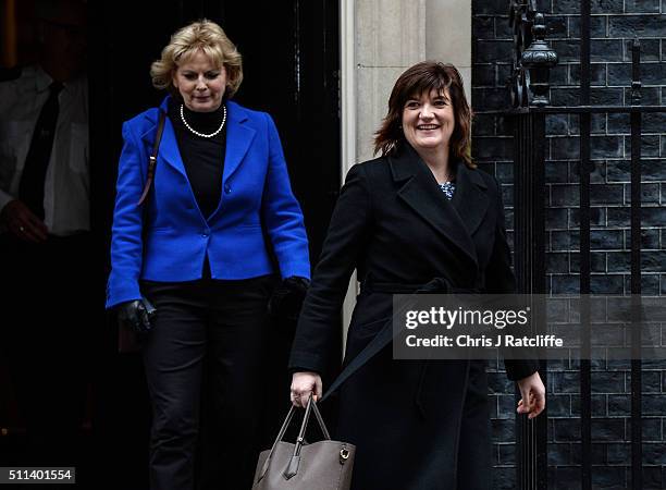 Minister for Small Business, Industry and Enterprise Anna Soubry and Education Secretary Nicky Morgan leave after the cabinet meeting at Downing...