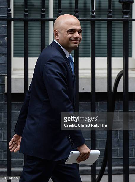 Business, Innovation and Skills Secretary Sajid Javid leaves after a cabinet meeting at Downing Street on February 20, 2016 in London, England. Mr...