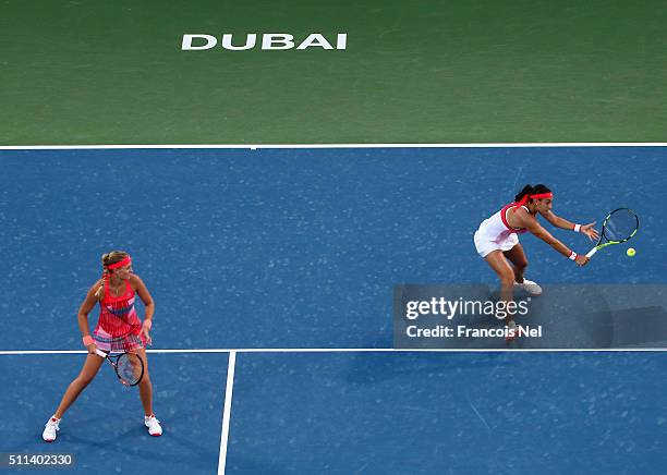 Caroline Garcia of France and Kristina Mladenovic of France in action against Chia-Jung Chaung of Taiwan and Darija Jurak of Croatia during the...