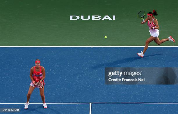 Caroline Garcia of France and Kristina Mladenovic of France in action against Chia-Jung Chaung of Taiwan and Darija Jurak of Croatia during the...