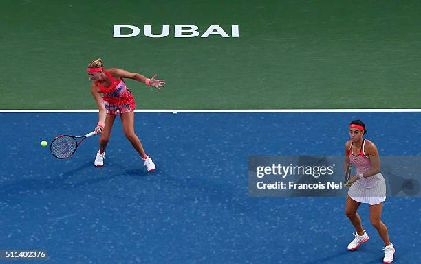 Caroline Garcia of France and Kristina Mladenovic of France in action against Chia-Jung Chaung of Taiwan and Darija Jurak of Croatia during the...