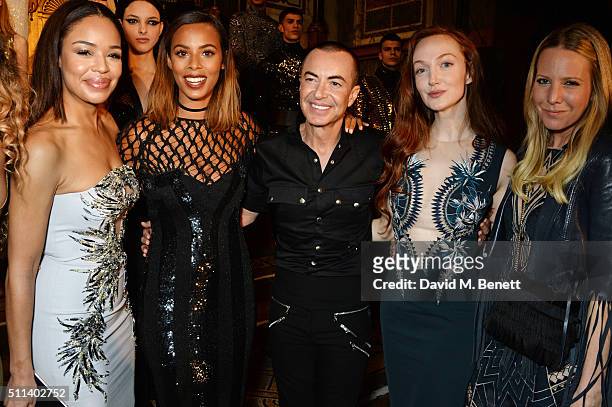 Sarah Jane Crawford, Rochelle Humes, Julien Macdonald, Olivia Grant and Alice Naylor-Leyland pose backstage following the Julien Macdonald show...