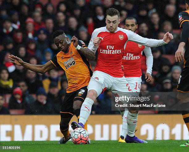 Calum Chambers of Arsenal challenged by Moses Odubajo of Hull during the Emirates FA Cup Fifth Round match between Arsenal and Hull City at Emirates...