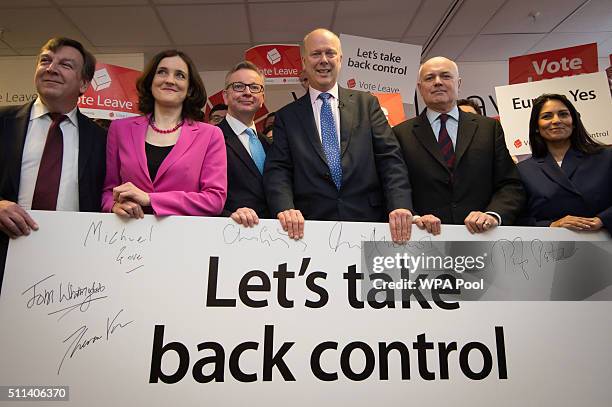 John Whittingdale, Theresa Villiers, Michael Gove, Chris Grayling, Iain Duncan Smith and Priti Patel attend the launch of the Vote Leave campaign at...