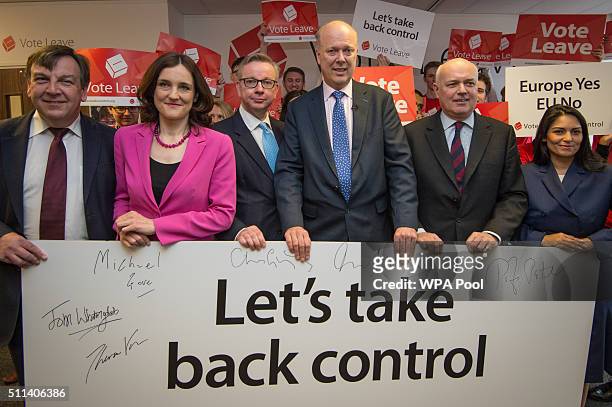 John Whittingdale, Theresa Villiers, Michael Gove, Chris Grayling, Iain Duncan Smith and Priti Patel attend the launch of the Vote Leave campaign at...