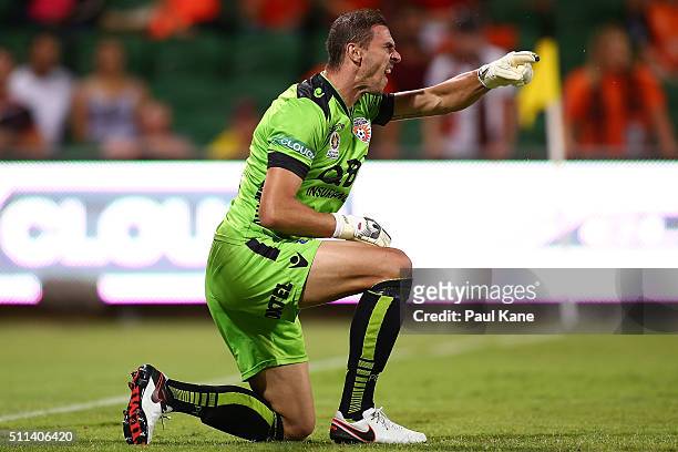 Ante Covic of the Glory shouts after receiving an injury to his hand during the round 20 A-League match between the Perth Glory and Brisbane Roar at...