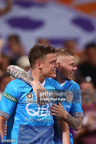 Shane Lowry and Andy Keogh of the Glory celebrate a goal during the round 20 A-League match between the Perth Glory and Brisbane Roar at nib Stadium...