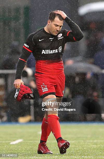 Schalk Brits of Saracens is sent off after punching Nick Wood during the Aviva Premiership match between Saracens and Gloucester at Allianz Park on...