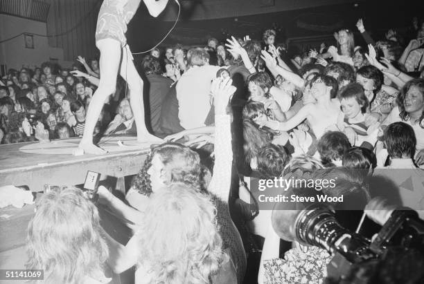 David Bowie in concert at the Hammersmith Odeon, the last gig he performed in the guise of his spacerocker alter ego Ziggy Stardust, 3rd July 1973.