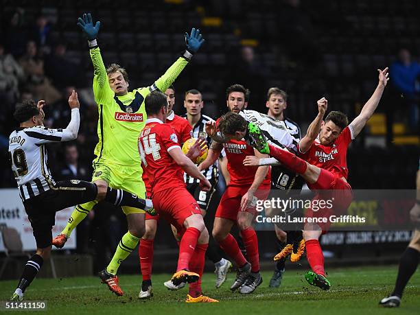 Shaun Brisley of Leyton Orient scores the opening goal past Roy Carroll of Notts County during the Sky Bet League Two match between Notts County and...