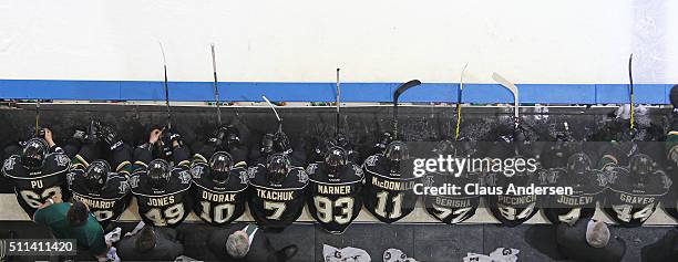 An overview of the London Knights bench against the Barrie Colts during an OHL game at Budweiser Gardens on February 19, 2016 in London, Ontario,...