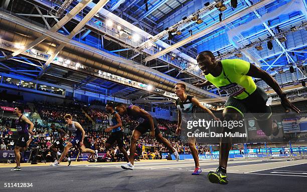 Wenjun Xie of China crosses the line to win the the Men's 60 metres hurdles final during the Glasgow Indoor Grand Prix at Emirates Arena on February...