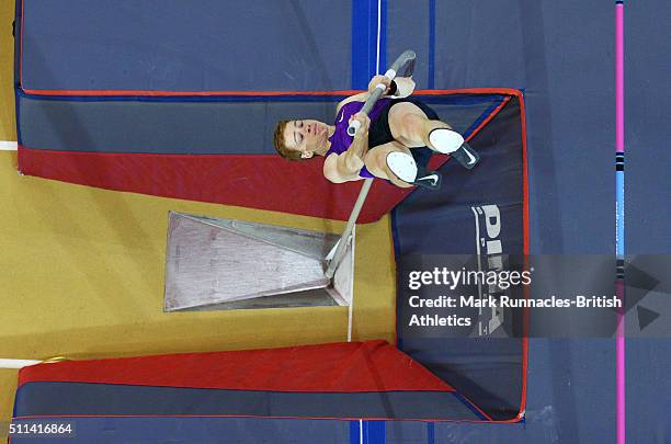 Shawn Barber of Canada competes in the Mens Pole Vault during the Glasgow Indoor Grand Prix at the Emirates Arena on February 20, 2016 in Glasgow,...