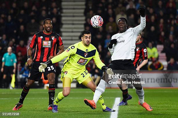 Romelu Lukaku of Everton and Adam Federici of Bournemouth compete for the ball during the Emirates FA Cup fifth round match between AFC Bournemouth...