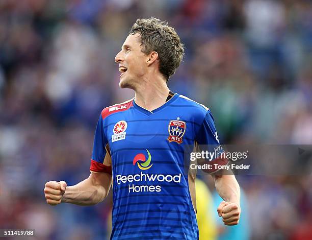 Morten Nordstrand of the Jets celebrates a goal during the round 20 A-League match between the Newcastle Jets and Wellington Phoenix at Hunter...