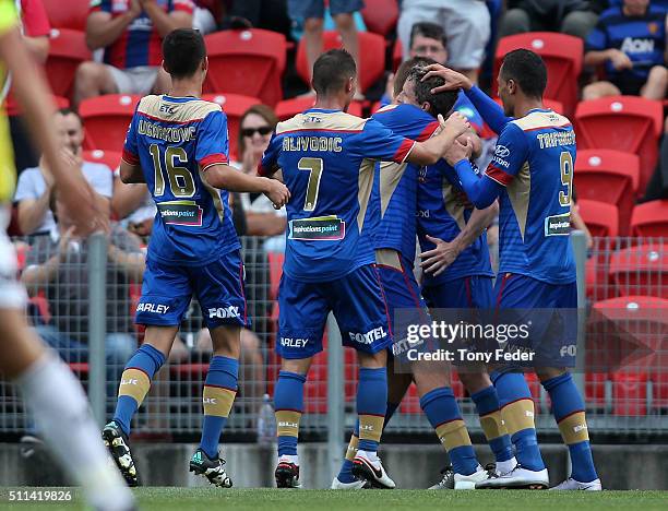 Morten Nordstrand of the Jets celebrates a goal with team mates during the round 20 A-League match between the Newcastle Jets and Wellington Phoenix...