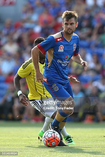 Cameron Watson of the Jets controls the ball during the round 20 A-League match between the Newcastle Jets and Wellington Phoenix at Hunter Stadium...