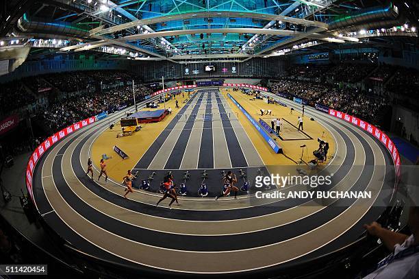 General view shows athletes competing during the Glasgow Indoor Grand Prix at the Emirates Arena in Glasgow on February 20, 2016. / AFP / Digital /...