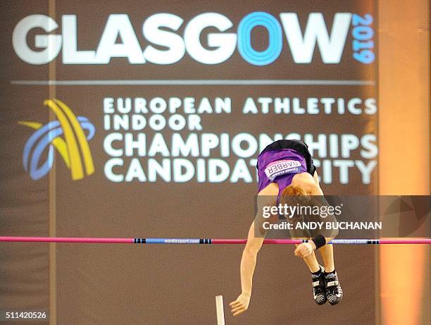 Shawn Barber of Canada competes in the Men's Pole Vault competition at the Glasgow Indoor Grand Prix at the Emirates Arena in Glasgow on February 20,...