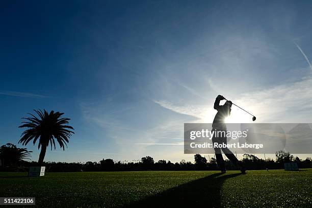 Jeff Overton tees off on the first hole during round three of the Northern Trust Open at Riviera Country Club on February 20, 2016 in Pacific...