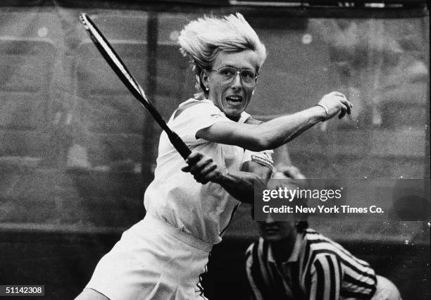 Czechoslovakian-born tennis player Martina Navratilova makes a shot during her straight-set victory match against Helena Sukova in the women's final...