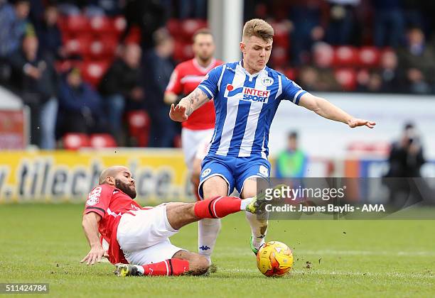 Adam Chambers of Walsall and Max Power of Wigan Athletic during the Sky Bet League One match between Walsall and Wigan Athletic at Bescot Stadium on...