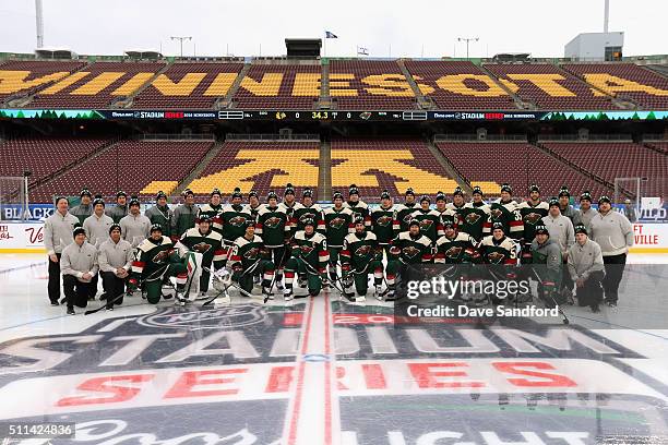 The Minnesota Wild pose for a team group picture before their practice for the 2016 Coors Light Stadium Series game against the Chicago Blackhawks at...