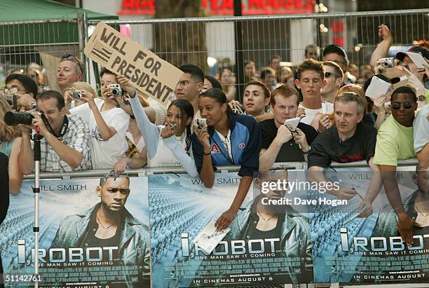 Fans attend the UK Premiere of "I, Robot" at Odeon Leicester Square August 4, 2004 in London, England.