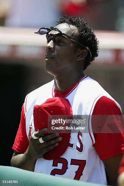 July 18: Vladimir Guerrero of the Anaheim Angels stands for the Nationa Anthem before the game against the Boston Red Sox at Angel Stadium of Anaheim...