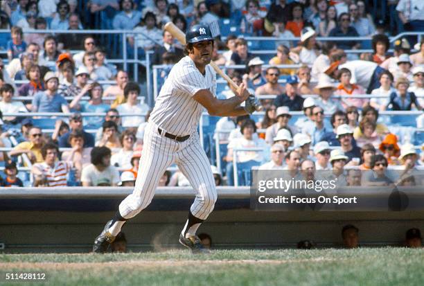 Lou Piniella of the New York Yankees bats during an Major League Baseball game circa 1975 at Yankee Stadium in the Bronx borough of New York City....