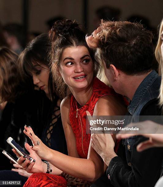 Pixie Geldof and Nick Grimshaw attends the House of Holland show during London Fashion Week Autumn/Winter 2016/17 at on February 20, 2016 in London,...