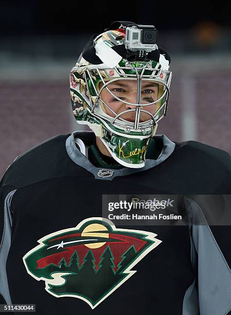 Darcy Kuemper of the Minnesota Wild looks on during practice day at the 2016 Coors Light Stadium Series on February 20, 2016 at TCF Bank Stadium in...