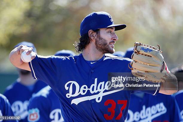 Starting pitcher Brandon Beachy of the Los Angeles Dodgers participates in a spring training workout at Camelback Ranch on February 20, 2016 in...