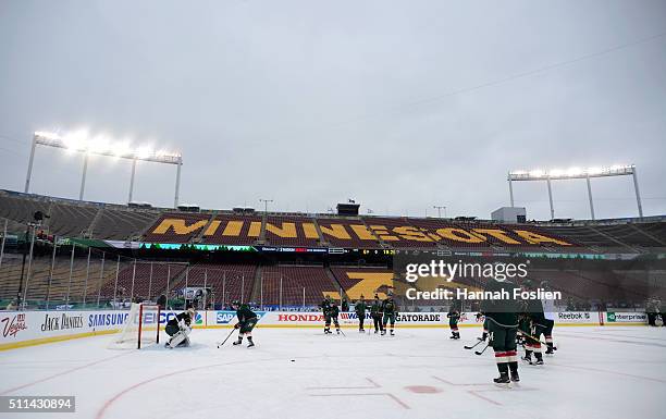 The Minnesota Wild workout on the ice during practice day at the 2016 Coors Light Stadium Series on February 20, 2016 at TCF Bank Stadium in...