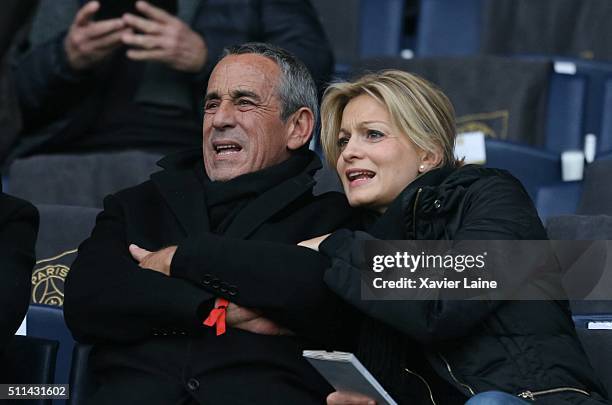 Thierry Ardisson and his wife Audrey Crespo-Mara attend during the French Ligue 1 between Paris Saint-Germain and Stade de Reims at Parc Des Princes...