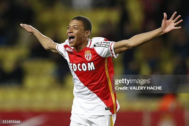 Monaco's French forward Kylian Mbappe Lottin celebrates after scoring a goal during the French L1 football match Monaco vs Troyes on February 20,...