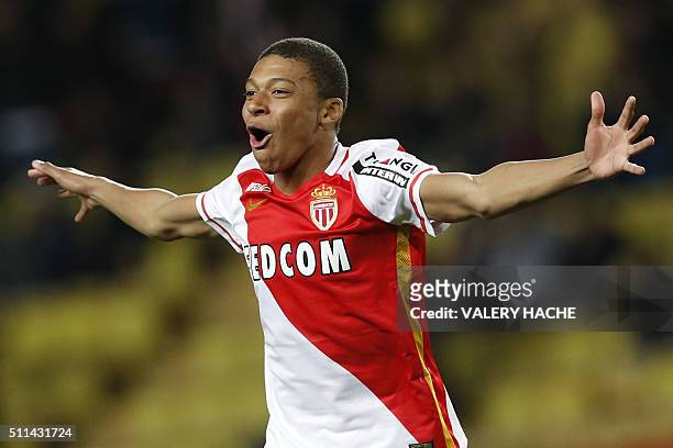 Monaco's French forward Kylian Mbappe Lottin celebrates after scoring a goal during the French L1 football match Monaco vs Troyes on February 20,...