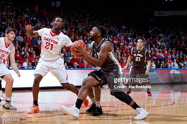 Marcus Posley of the St. Bonaventure Bonnies drives against Dyshawn Pierre of the Dayton Flyers in the first half of the game at University of Dayton...