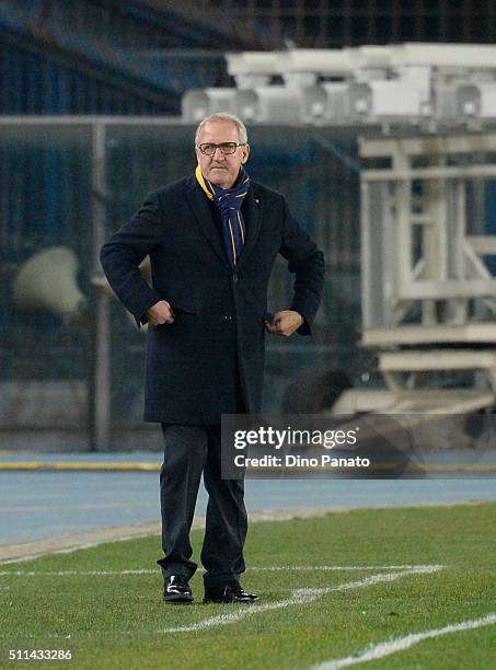 Head coach of Hellas Verona FC Luigi Delneri reacts during the Serie A match between Hellas Verona FC and AC Chievo Verona at Stadio Marc'Antonio...