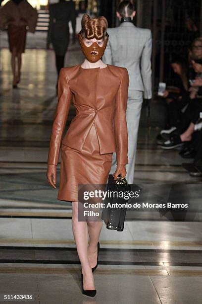 Model walks the runway at the Gareth Pugh show during London Fashion Week Autumn/Winter 2016/17 at Freemasons' Hall on February 20, 2016 in London,...